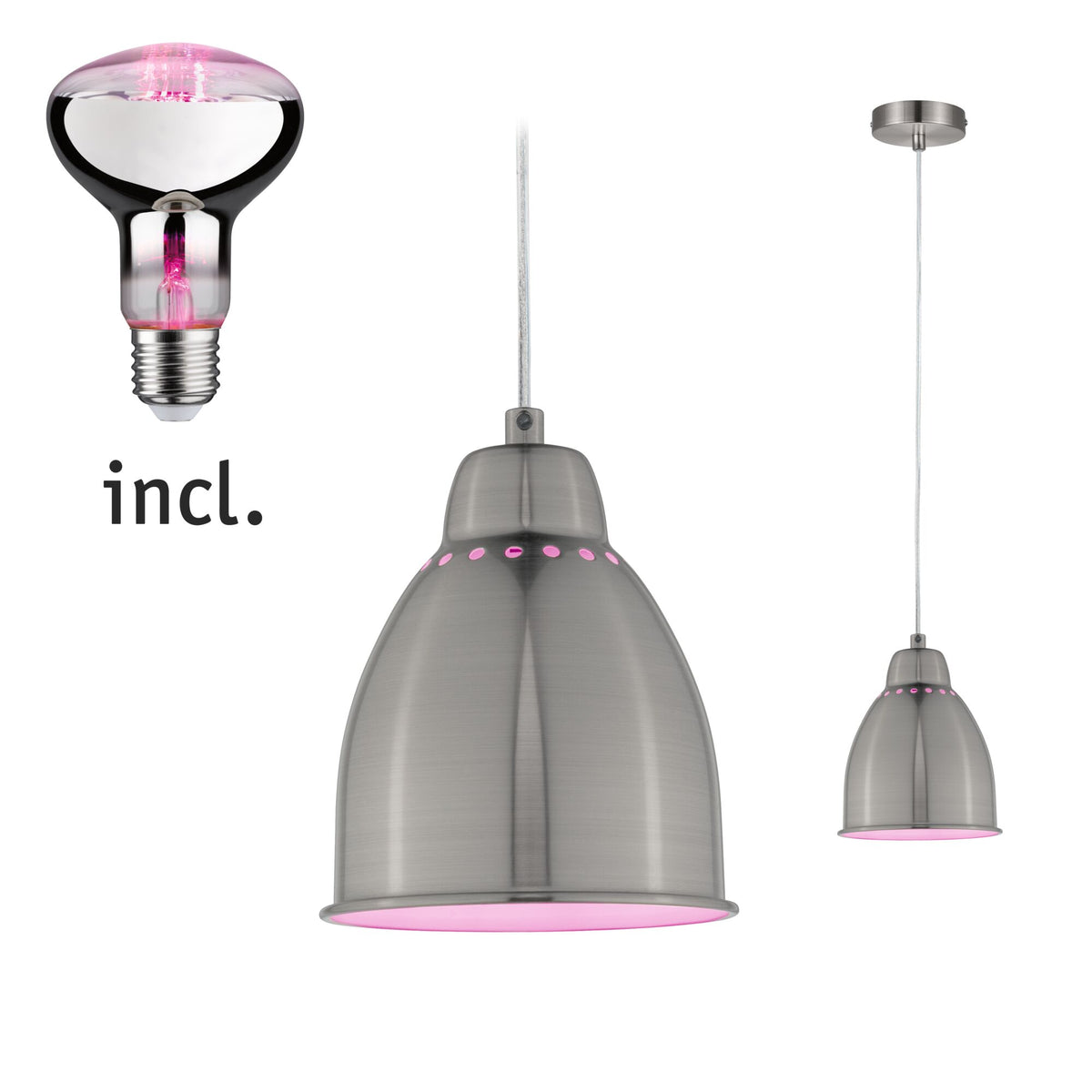 Neordic Set Pendelleuchte Hilla + LED Reflektor E27 Eisen gebuerstet dimmbar Metall / 230V 200lm 6,5W 1300K