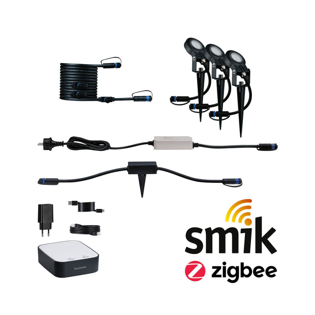 Plug & Shine Preisattraktives Starterset Smart Home smik + LED Erdspiess Sting 3000K 3x6,4W 75VA Weiss/Anthrazit