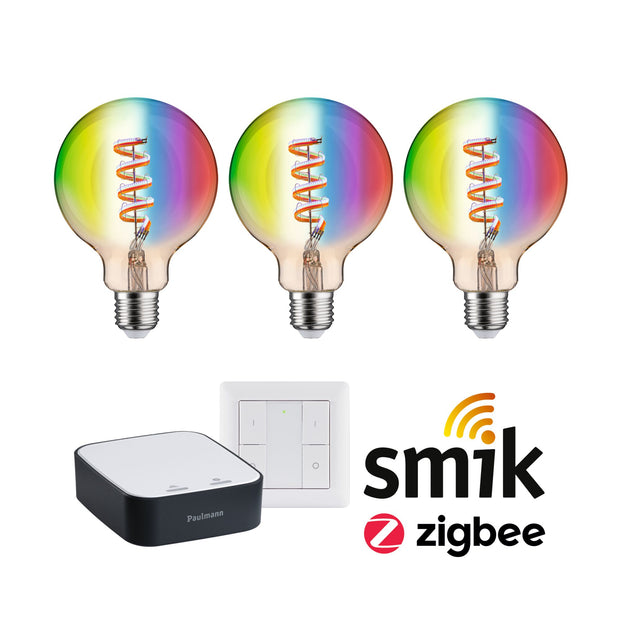 Preisattraktives Starterset Smart Home Zigbee 3.0 LED Birne Filament G95 RGBW + Gateway + Schalter