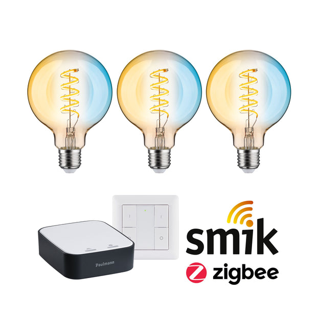 Preisattraktives Starterset Zigbee 3.0 Smart Home smik Gateway + LED Birne Filament G95 Tunable White + Schalter