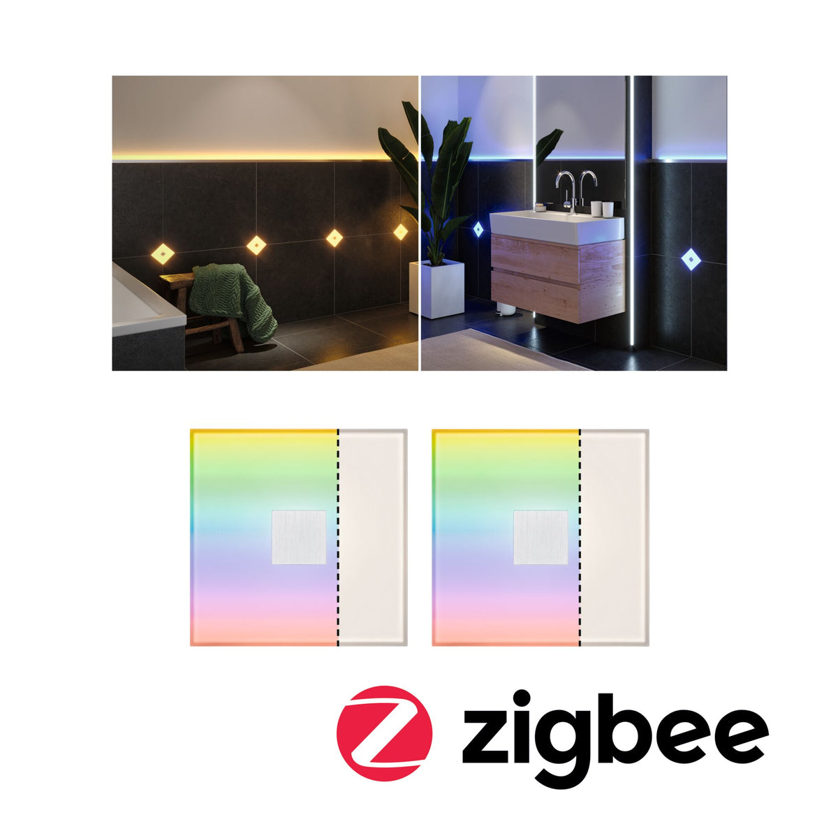 LumiTiles LED Fliesen Smart Home Zigbee 3.0 Square 2er-Set IP44 100x100mm 2x12lm 230/12V 2x0,8W dimmbar RGBW+ Weiss Kunststoff/Aluminium