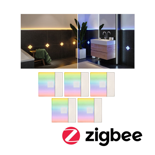 LumiTiles LED Fliesen Smart Home Zigbee 3.0 Square 5er-Set IP44 100x100mm 5x12lm 230/12V 5x0,8W dimmbar RGBW+ Weiss Kunststoff/Aluminium