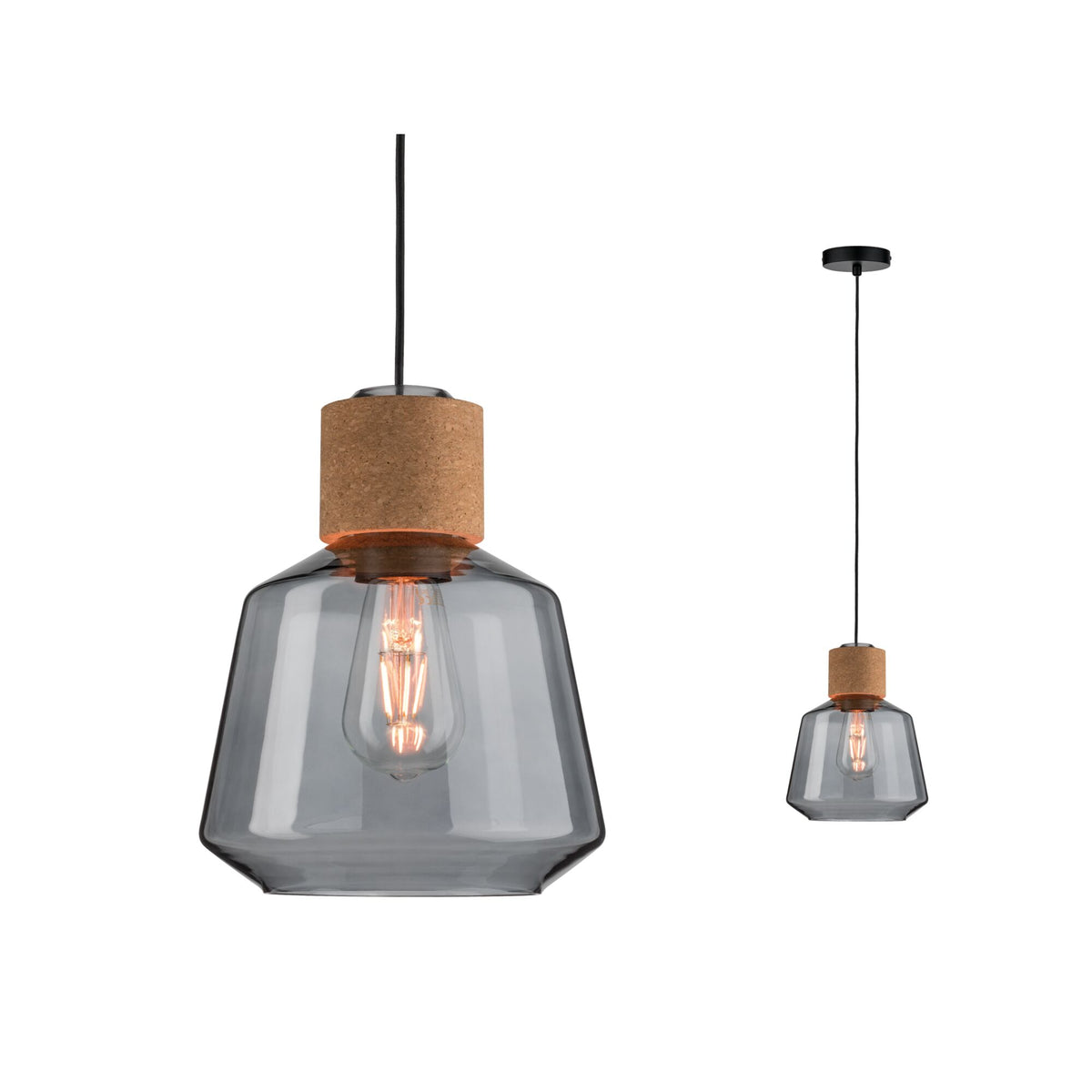 Neordic Pendelleuchte Elia E27 max. 20W Rauchglas/Kork/Schwarz dimmbar Glas/Kork/Metall
