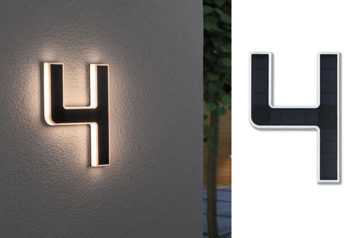 Solar LED Hausnummernleuchte inkl. wechselbarer Akku Nummer 4 IP44 3000K 6lm Schwarz