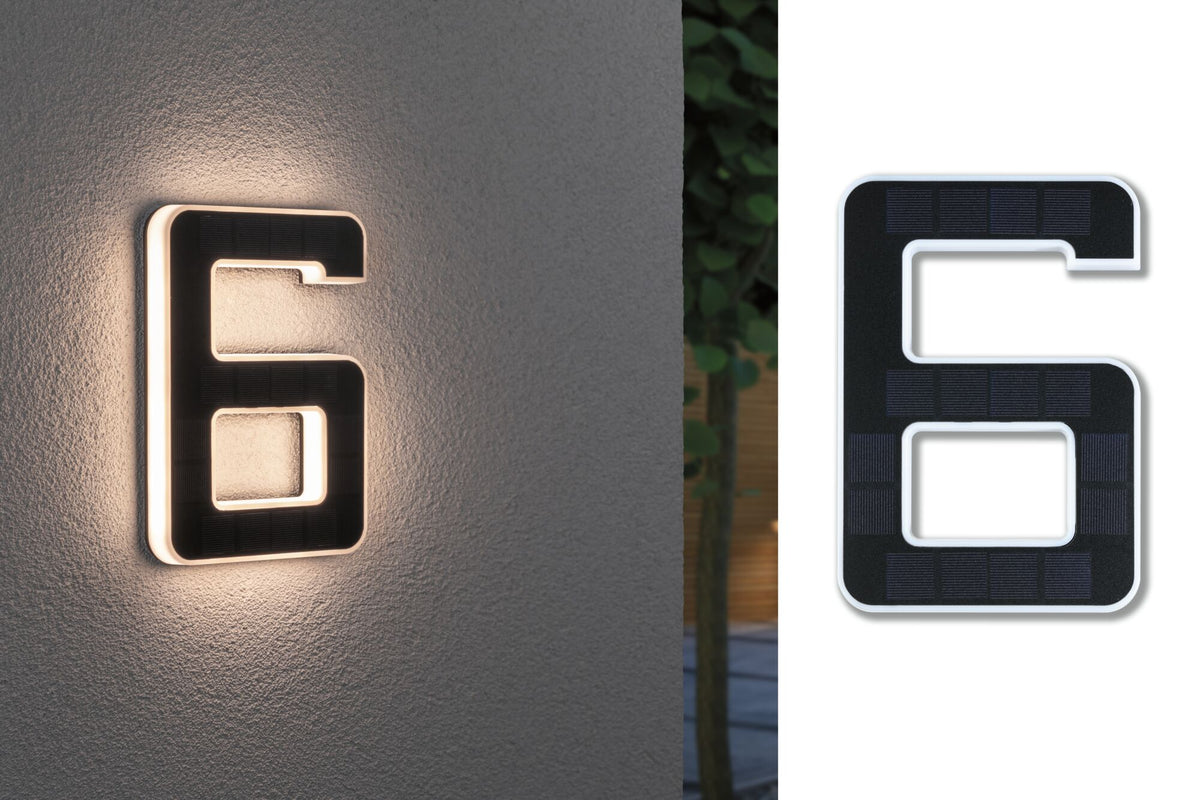 Solar LED Hausnummernleuchte inkl. wechselbarer Akku Nummer 6 IP44 3000K 6lm Schwarz