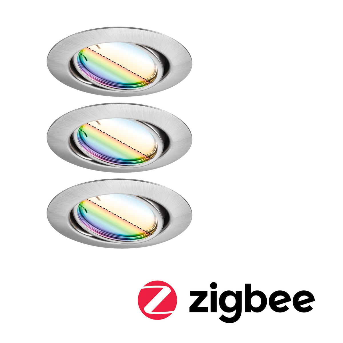LED Einbauleuchte Smart Home Zigbee 3.0 Base Coin Basisset schwenkbar rund 90mm 20 Grad Coin 3x4,9W 3x420lm 230V dimmbar RGBW+ Eisen gebuerstet