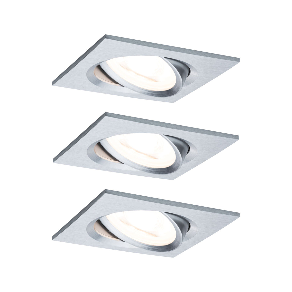 LED Einbauleuchte Nova Basisset schwenkbar eckig 84x84mm 50 Grad GU10 3x6,5W 3x460lm 230V 2700K Alu gedreht