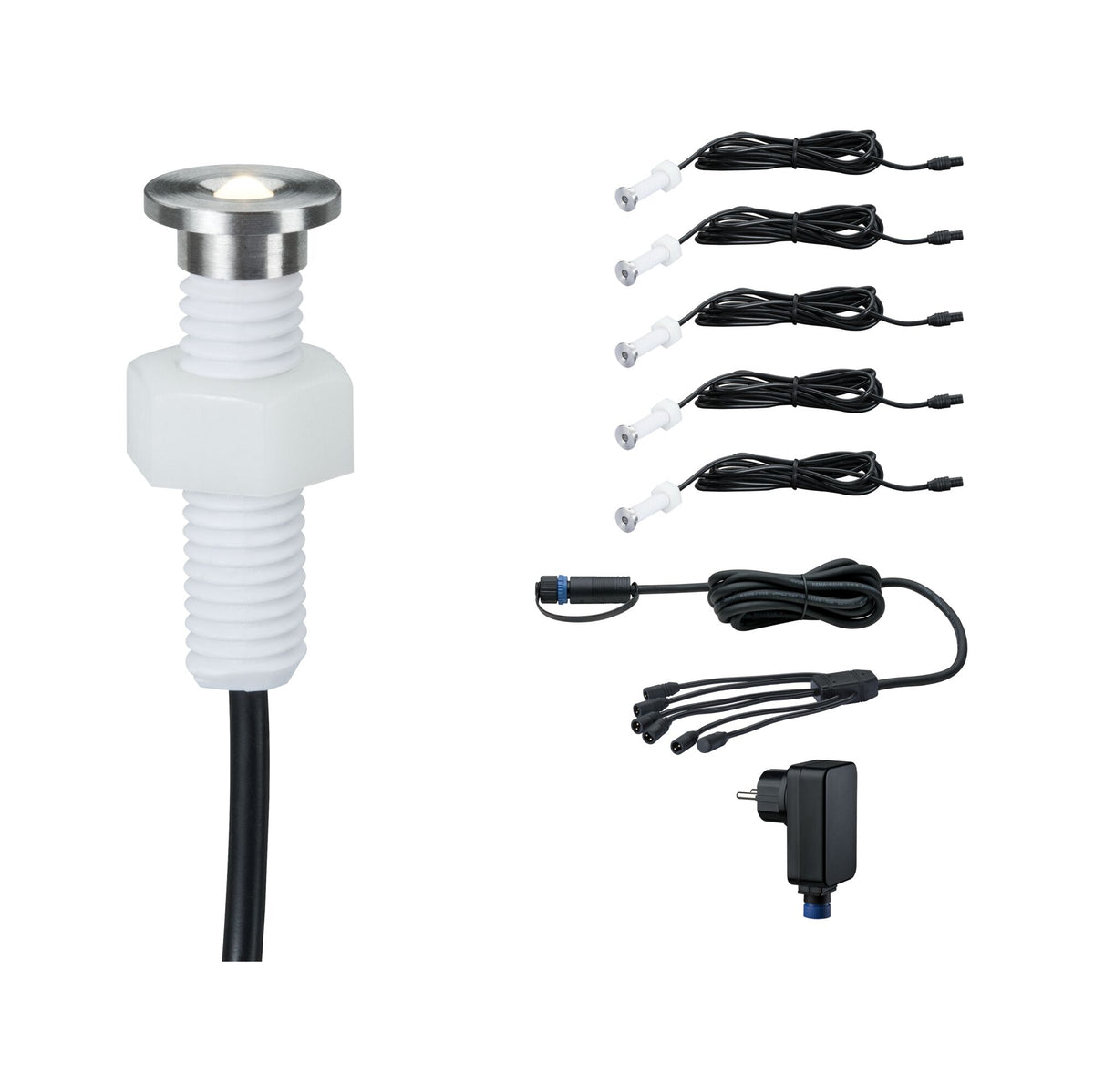 Plug & Shine LED Bodeneinbauleuchte MicroPen II Basisset IP67 3000K 5x0,2W 21VA Silber