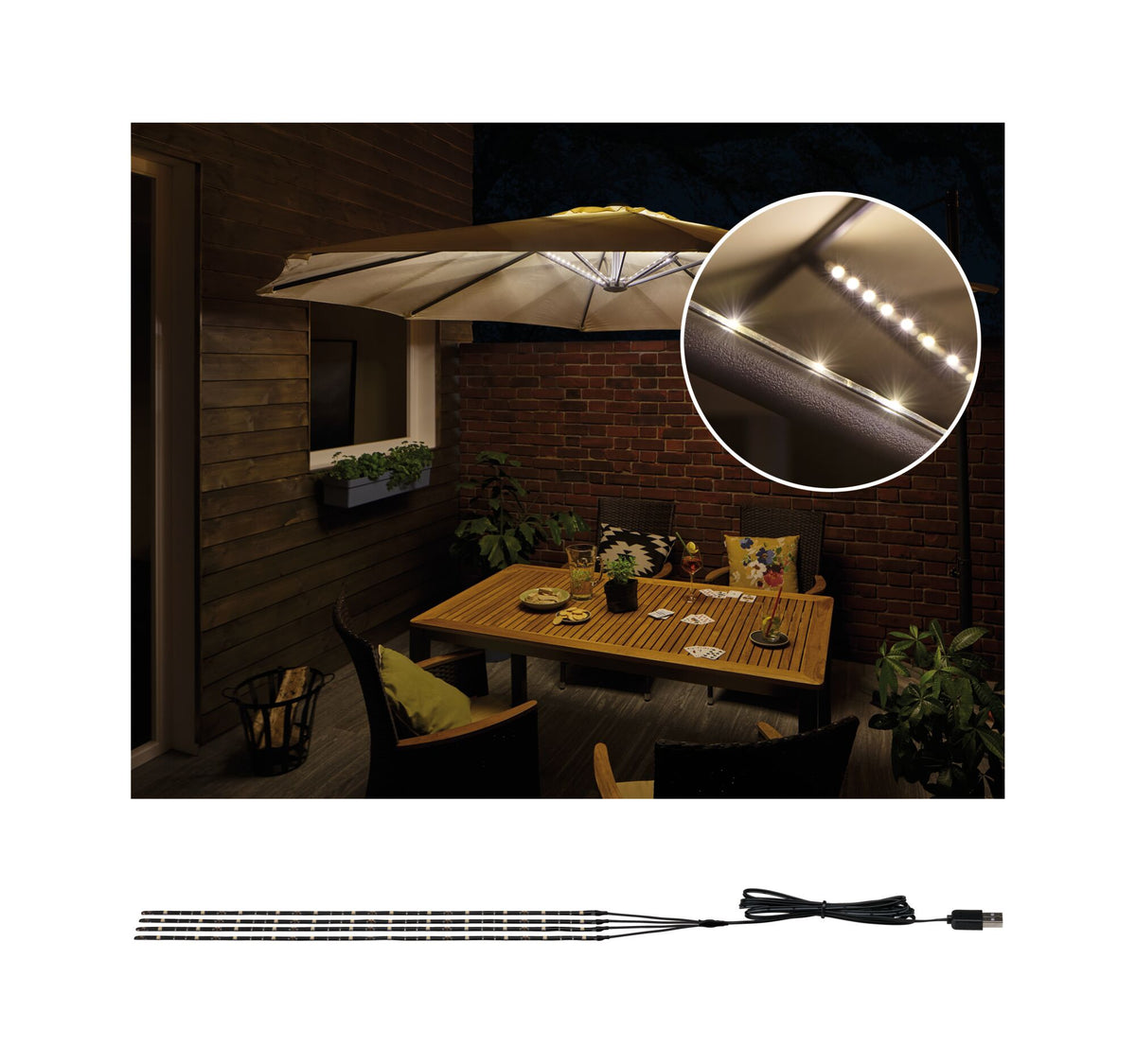 USB LED Stripe Parasol-Light Schirmbeleuchtung Basisset 4x40cm 3000K 4x30lm Schwarz