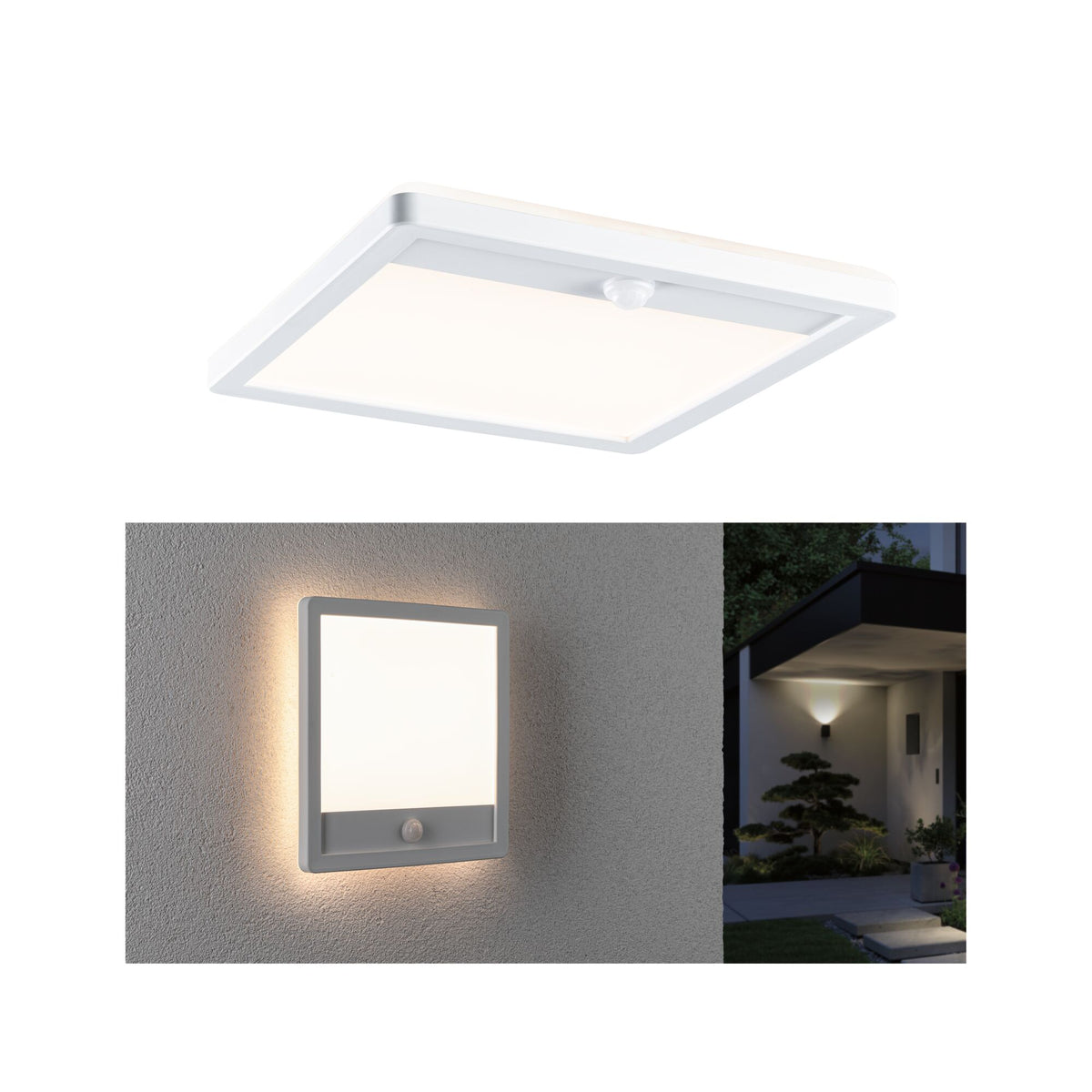 LED Aussenpanel Lamina Backlight Daemmerungsgesteuerter Bewegungsmelder (IR) seewasserresistent IP44 eckig 250x250mm 3000K 14,5W 950lm 230V Weiss Kunststoff