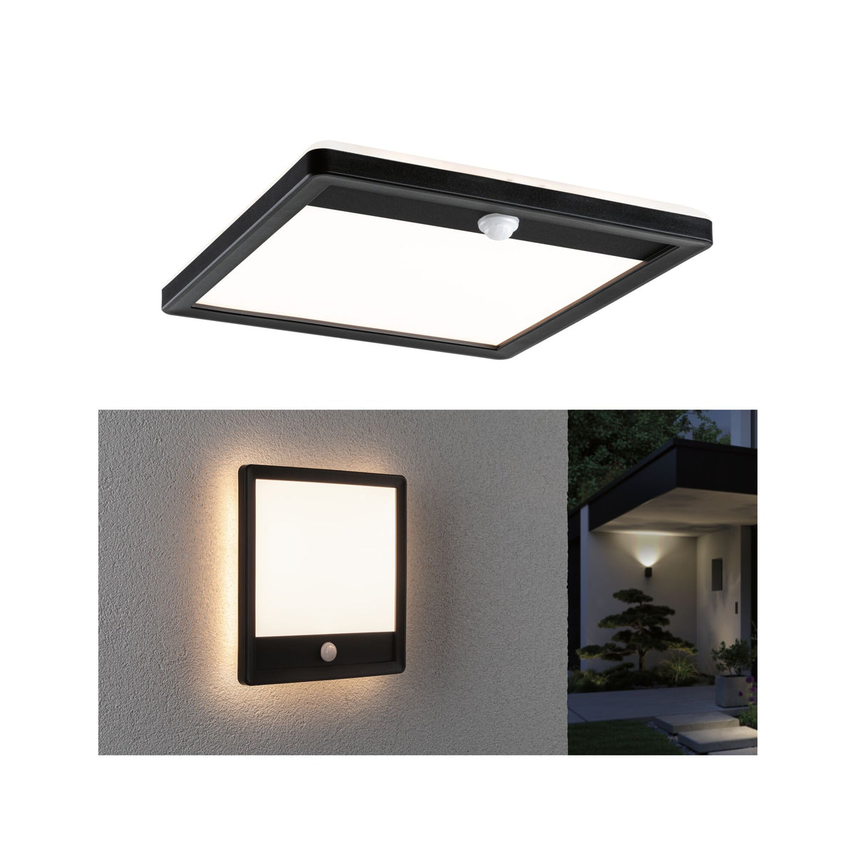 LED Aussenpanel Lamina Backlight Daemmerungsgesteuerter Bewegungsmelder (IR) seewasserresistent IP44 eckig 250x250mm 3000K 14,5W 950lm 230V Schwarz Kunststoff
