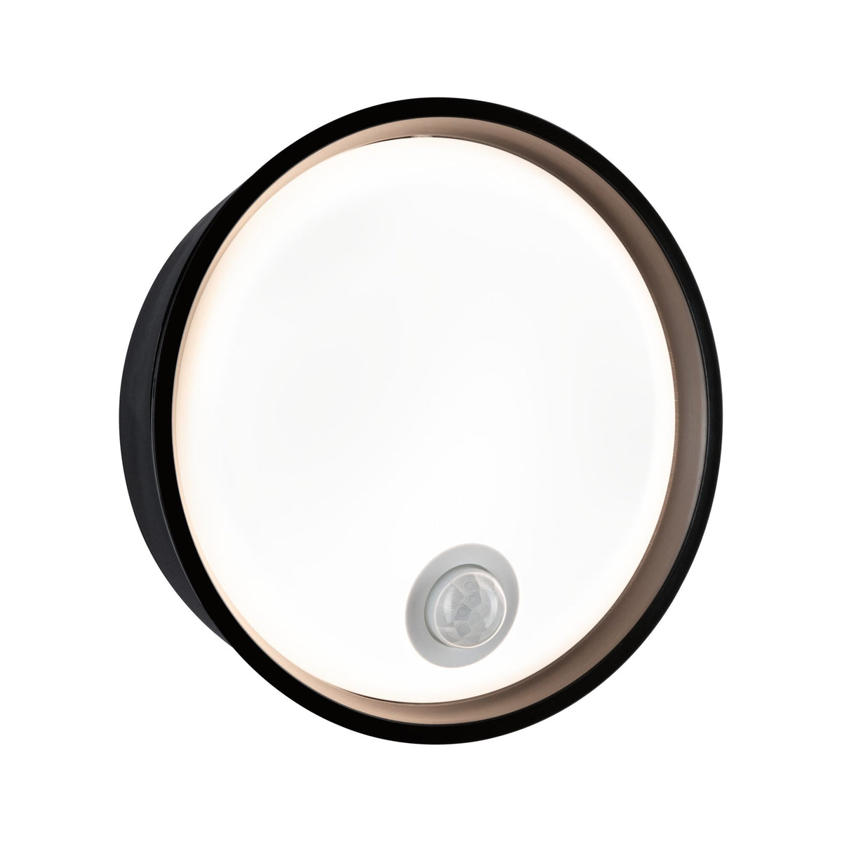 LED Aussenwandleuchte Platomo Daemmerungsgesteuerter Bewegungsmelder (IR) seewasserresistent IP44 rund 180mm 3000K 14,5W 1200lm 230V Schwarz Kunststoff
