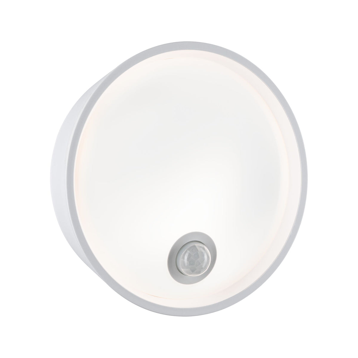LED Aussenwandleuchte Platomo Daemmerungsgesteuerter Bewegungsmelder (IR) seewasserresistent IP44 rund 180mm 3000K 14,5W 1200lm 230V Weiss Kunststoff