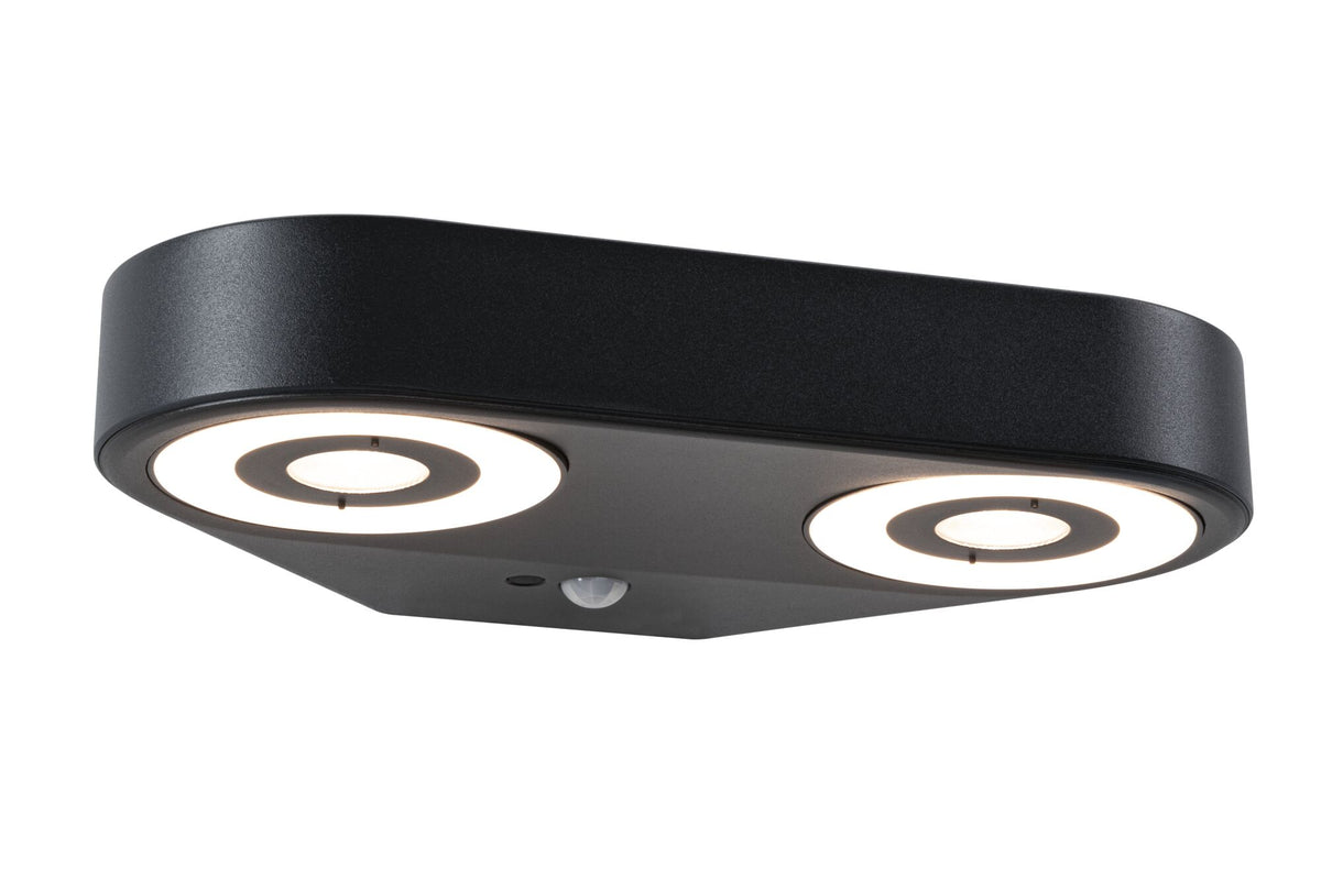 LED Aussenwandleuchte Silma Daemmerungsgesteuerter Bewegungsmelder (IR) Zweifacher Lichtaustritt IP44 eckig 280x176mm 3000K 2x5,5W / 2x0,7W 2x600lm / 2x0lm 230V Anthrazit Aluminium