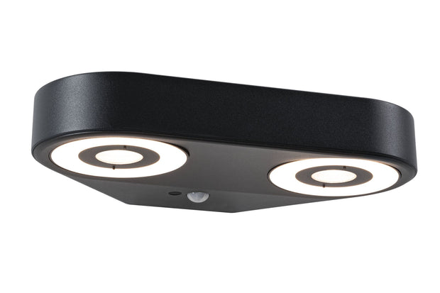LED Aussenwandleuchte Silma Daemmerungsgesteuerter Bewegungsmelder (IR) Zweifacher Lichtaustritt IP44 eckig 280x176mm 3000K 2x5,5W / 2x0,7W 2x600lm / 2x0lm 230V Anthrazit Aluminium