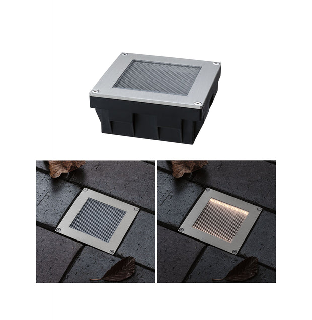 Solar LED Bodeneinbauleuchte Sorea Daemmerungssensor IP67 eckig 100x100mm 3000K 0,1W 6lm 3,7V Eisen gebuerstet ABS/Polycarbonat/Edelstahl