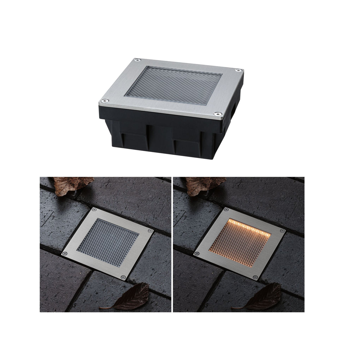 Solar LED Bodeneinbauleuchte Sorea Daemmerungssensor IP67 eckig 100x100mm 2200K 0,1W 5lm 3,7V Eisen gebuerstet ABS/Polycarbonat/Edelstahl