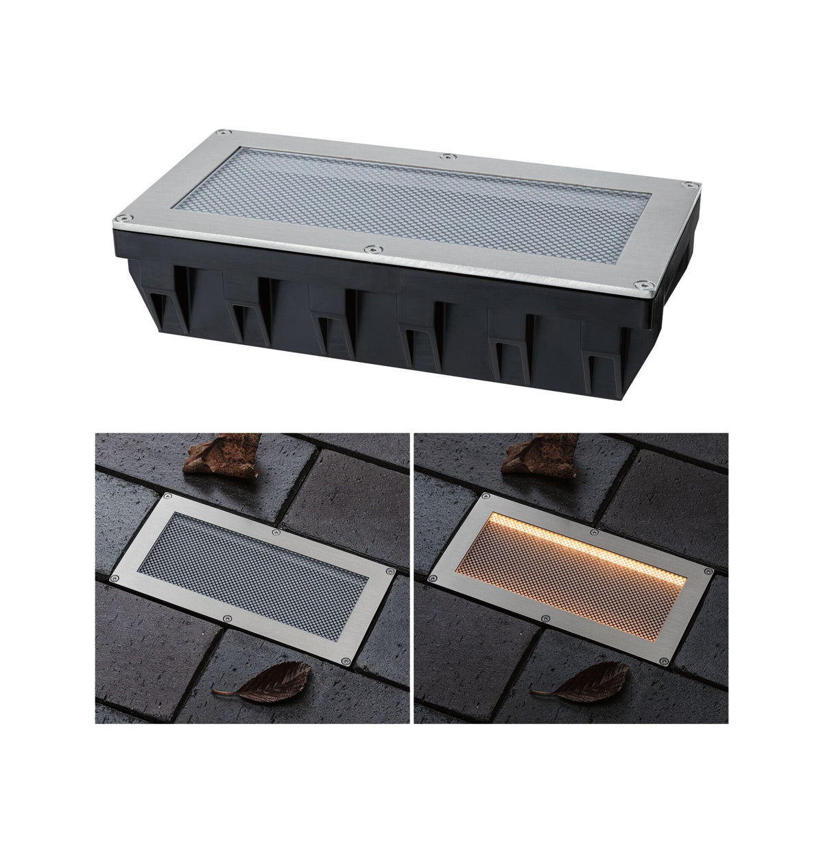Solar LED Bodeneinbauleuchte Sorea Daemmerungssensor IP67 eckig 200x100mm 2200K 0,3W 14lm 3,7V Eisen gebuerstet ABS/Polycarbonat/Edelstahl